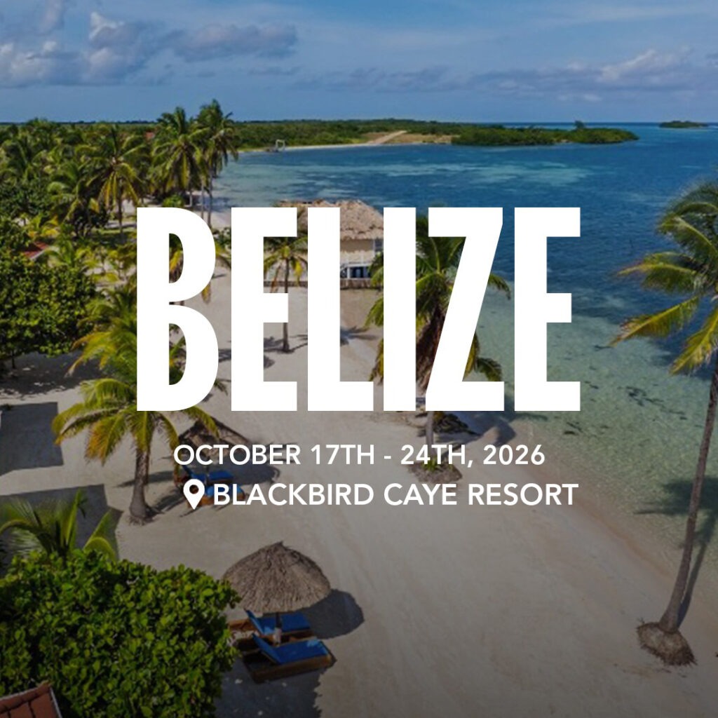 Belize promotional image featuring Blackeye Caye Resort. Dates: October 17-24, 2026. Tropical beach setting with palm trees and clear waters.