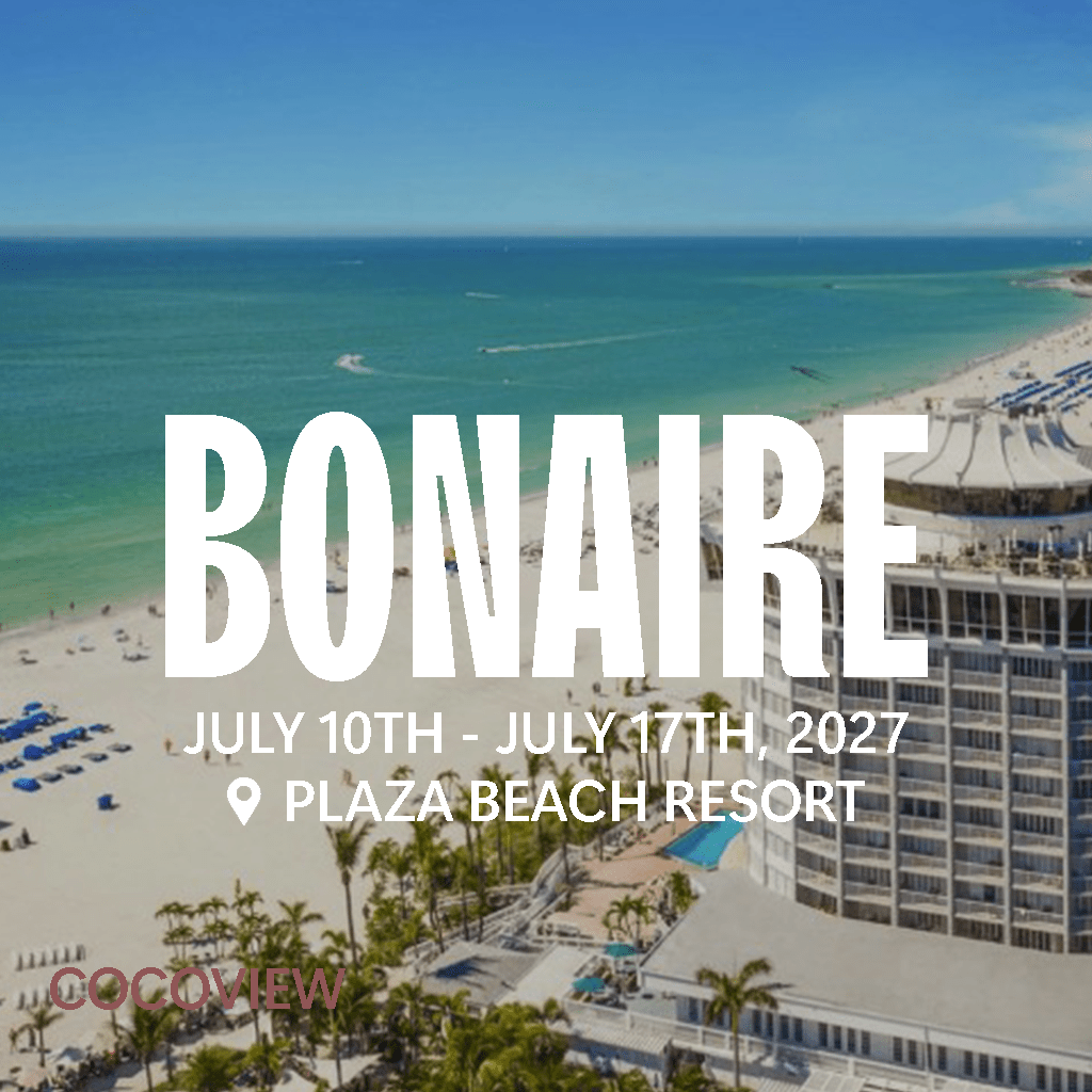 Bonaire event announcement for July 10-17, 2027, featuring Plaza Beach Resort and a scenic view of the beach and turquoise waters.