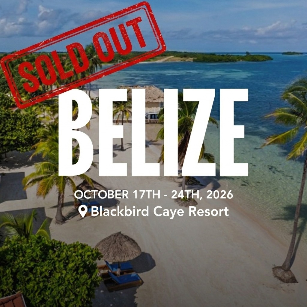 Belize promotional image featuring Blackeye Caye Resort. Dates: October 17-24, 2026. Tropical beach setting with palm trees and clear waters.